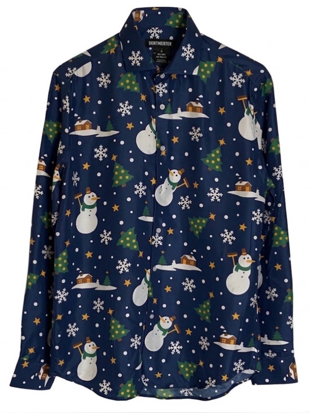 SUITMEISTER Christmas Snowman Casual Button Down Shirt, Men’s M, Blue White
